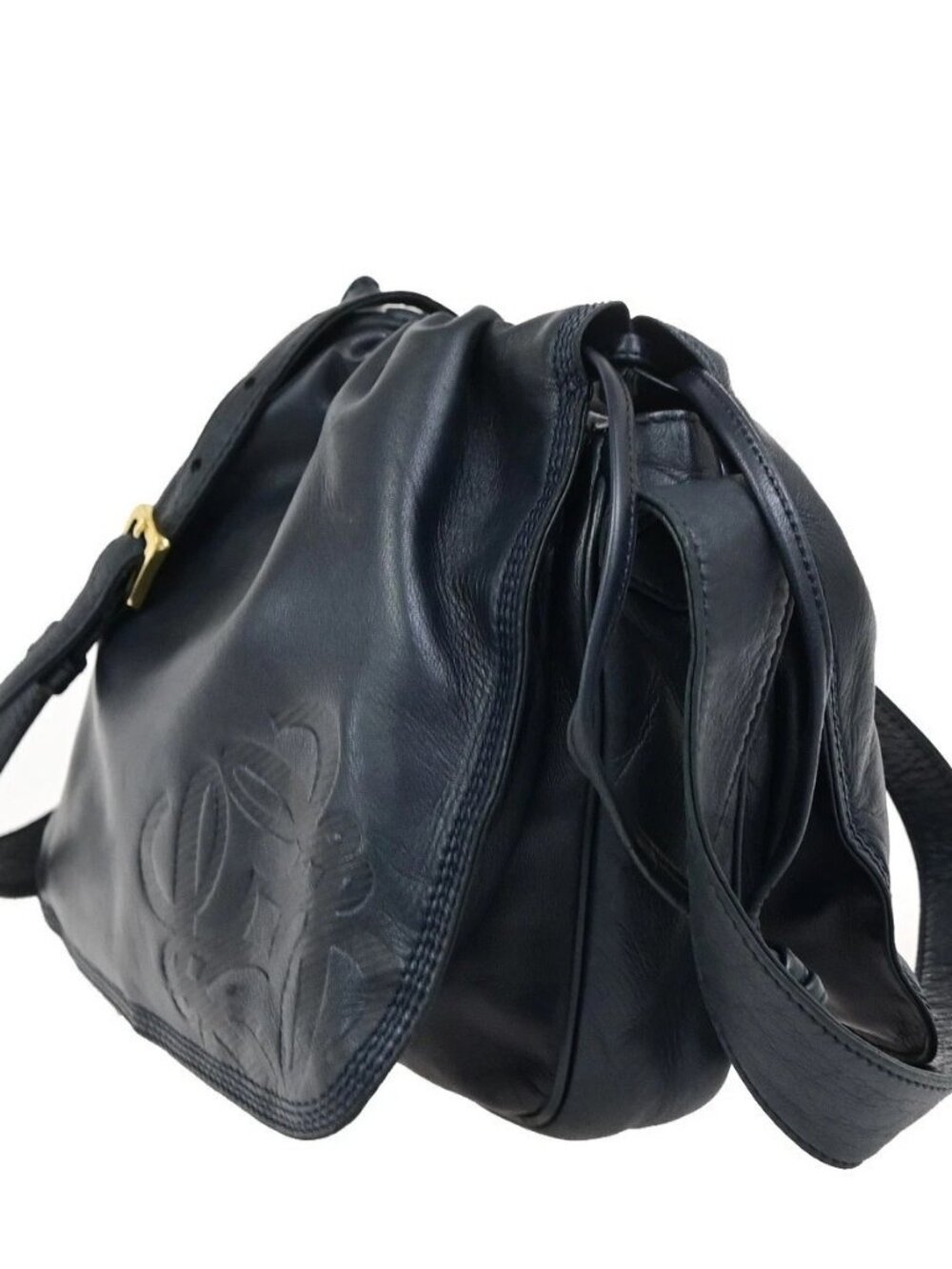 LOEWE Logo Drawstring Anagram Shoulder Bag Leather Navy Blue GHW Spain 83KD267 - Picture 2 of 16